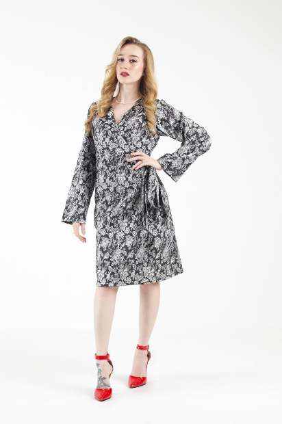 Custom made black And white floral wrap dress fully lined